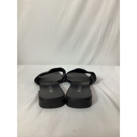 Prada Triangle-Logo Plaque Slide Flat Sandals in Black Leather - Picture 10 of 12